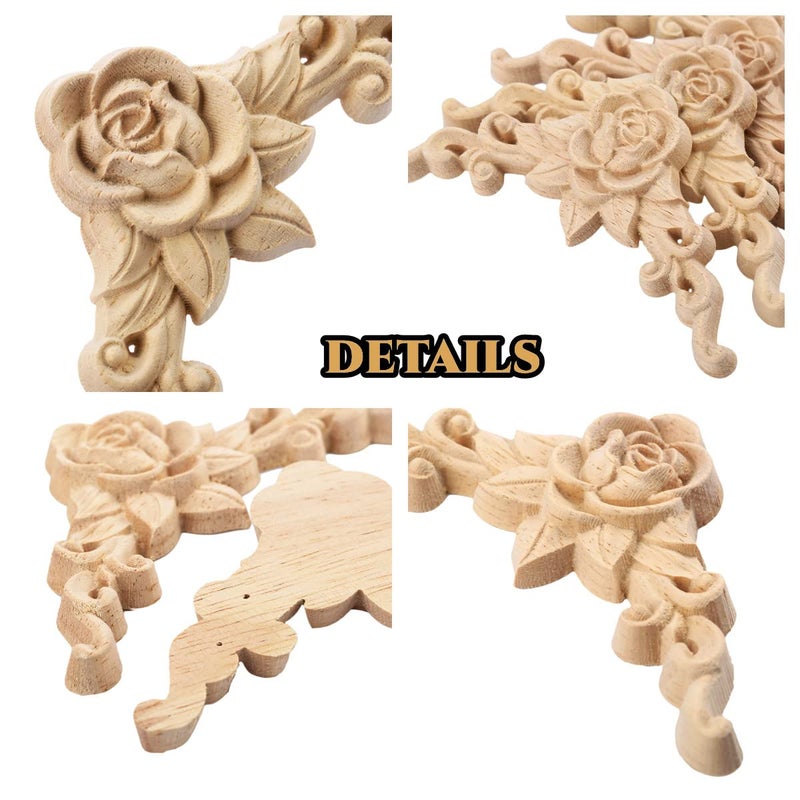 MUXSAM 4Pcs Rose Carved Appliques Onlays Crafts Addition, 12x12cm/4.7"x4.7", Excellent Wood Detail Unpainted Ornament Piece for Wall Door Ceiling Table Bed Cabinet Mirror Dresser Drawer - Image 3
